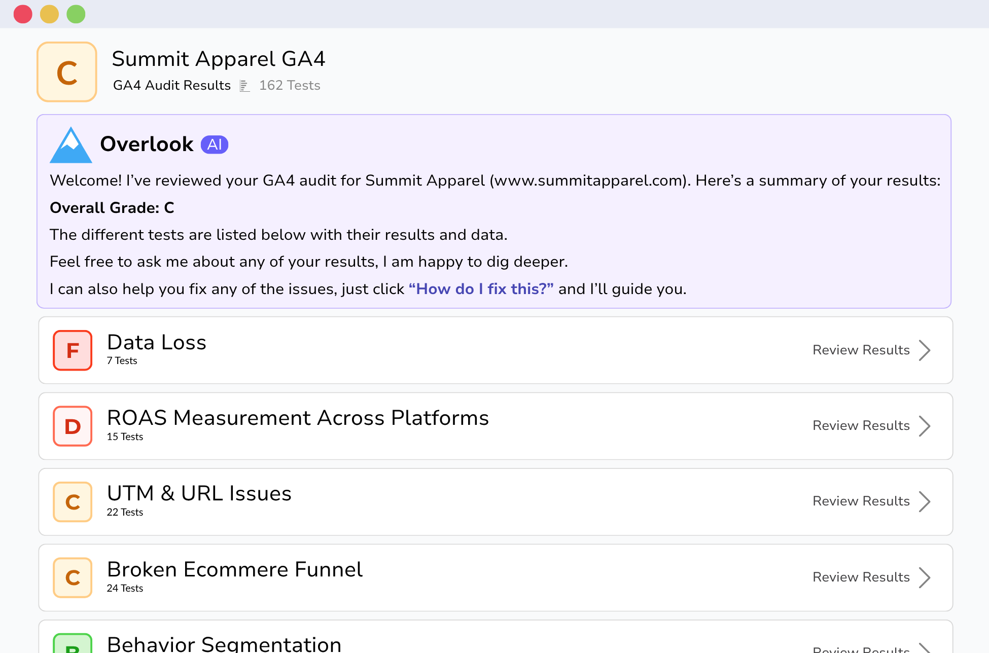 Overlook GA4 audit results