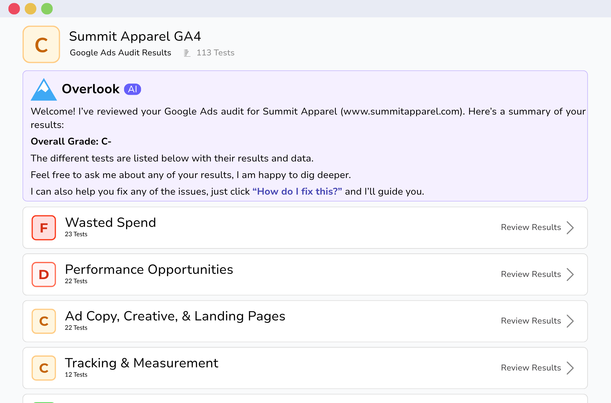 Overlook Google Ads audit results for Summit Apparel