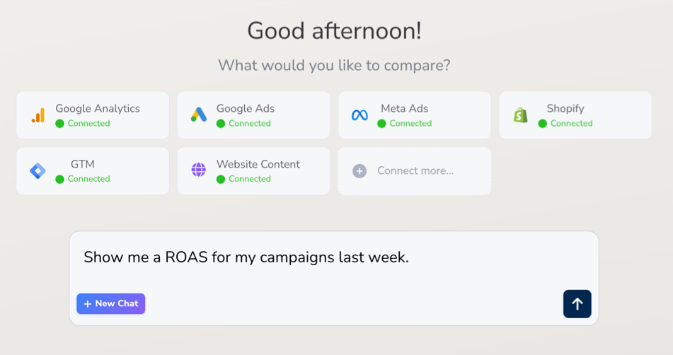 Overlook AI ecommerce analyst showing natural language conversation and reporting building